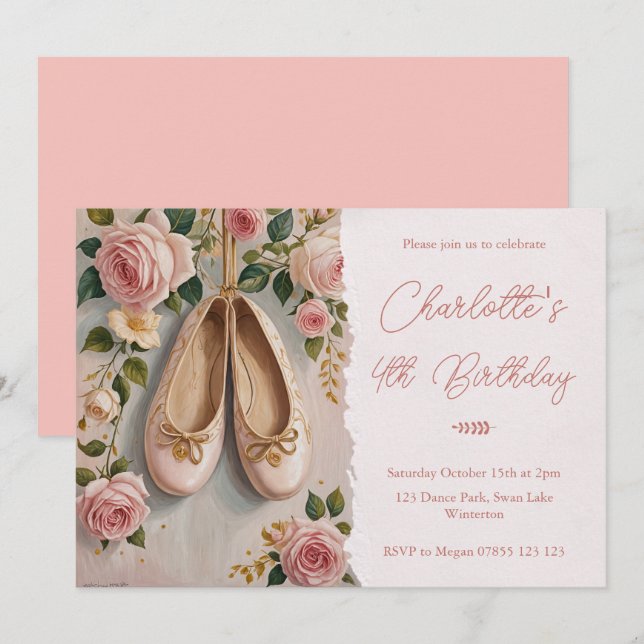 Rosa Ballet Shoes & Ro Birthday Inbjudningar (Fram/baksida)