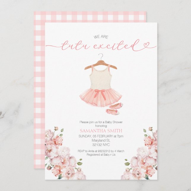 Rosa Ballet Tutu Excted Baby Shower-inbjudan Inbjudningar (Fram/baksida)