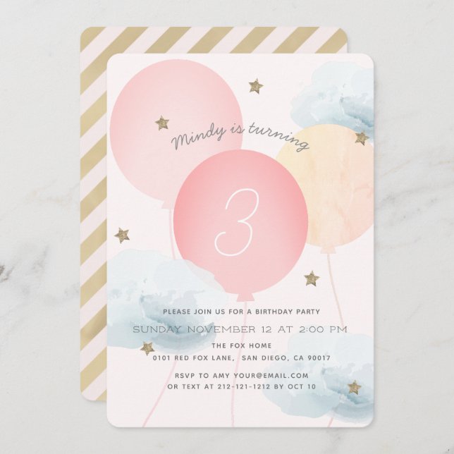 Rosa Ballods & Clouds Födelsedagsfest inbjudan (Fram/baksida)