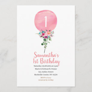 Rosa Ballon 1:a födelsedagsinbjudan Inbjudningar