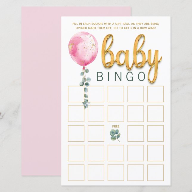 Rosa Ballon Baby Shower Bingo Game Card (Fram/baksida)