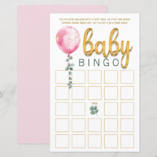 Rosa Ballon Baby Shower Bingo Game Card
