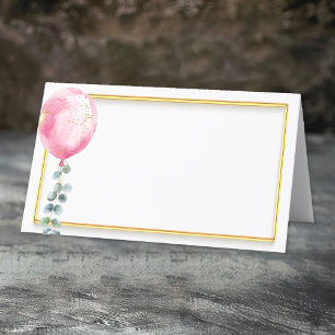 Rosa Ballon Baby Shower Place Card Guld Ram Placeringskort