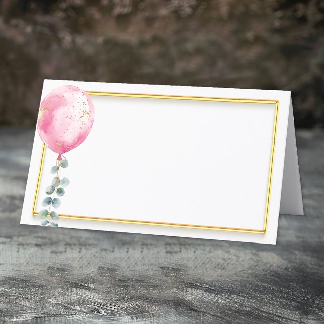 Rosa Ballon Baby Shower Place Card | Guld Ram Placeringskort (Pink Balloon & Gold Frame)
