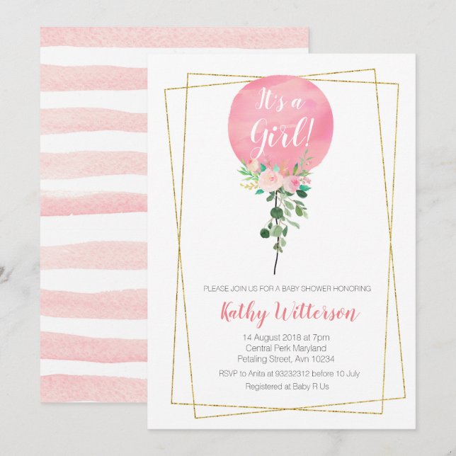 Rosa Ballon Det är en flickdusch Inbjudningar (Fram/baksida)