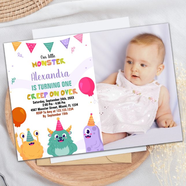 Rosa Ballon med foto från måndagskväll Inbjudningar (Monster Birthday Invitations Pink Ballon w photo)
