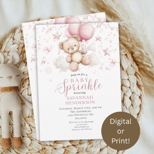 Rosa ballong babyflicka teddybjörn stänkbad shower inbjudningar