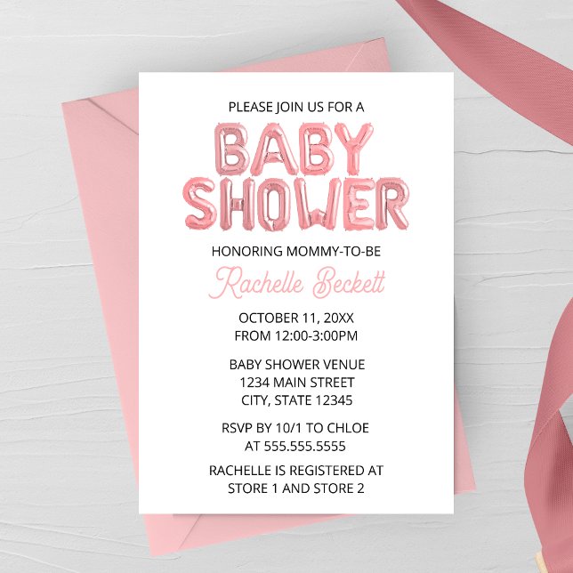 Rosa Ballong Brev Bebis Bjudan Inbjudningar (Light Pink Foil Balloon Letters Baby Shower Invitation)