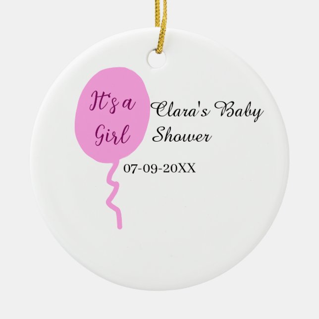 Rosa ballong, det är en flickdusch, lägg till namn julgransprydnad keramik (Framsidan)