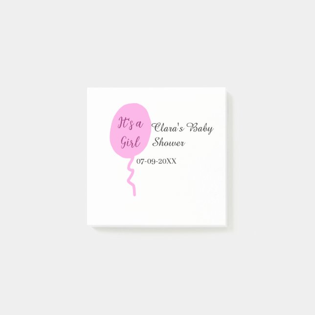 Rosa ballong, det är en flickdusch, lägg till namn post-it block (Framsida)