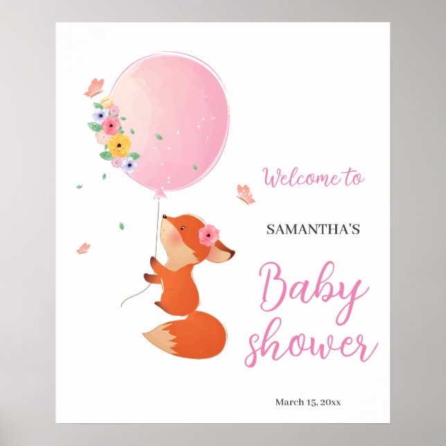 Rosa ballong med söt babyduschvälkomstskylt poster (Framsidan)