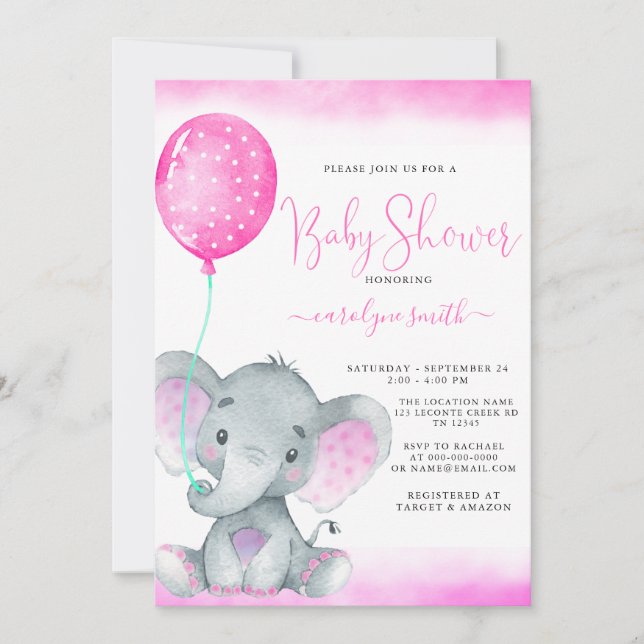 rosa ballong, söt elefantbabydusch inbjudningar (Framsida)