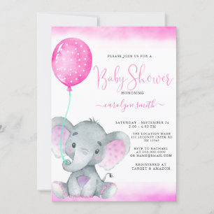 rosa ballong, söt elefantbabydusch inbjudningar