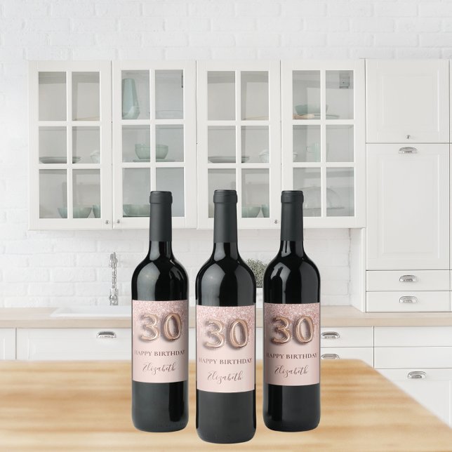 rosa-ballongen 30års födelsedag guld glitter stil vinflaska etikett (Skapare uppladdad)