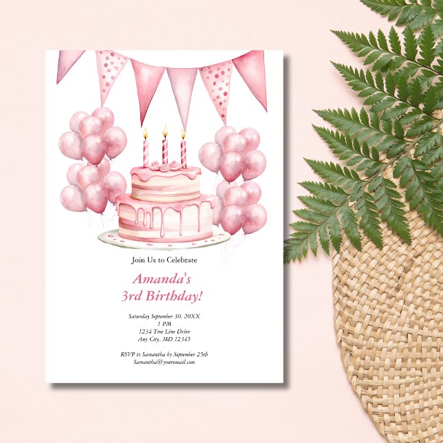 Rosa ballonger Födelsedagstårta Banner Flicka 3-år Inbjudningar (Pink Birthday Cake Balloons Banner 3rd Birthday party invitation. Printed or digital download)