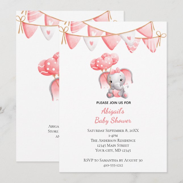Rosa ballonger för baby shower med elefant inbjudningar (Fram/baksida)