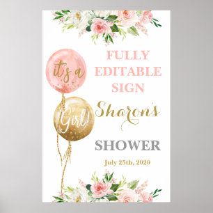 Rosa ballonger för babyduschflicka poster