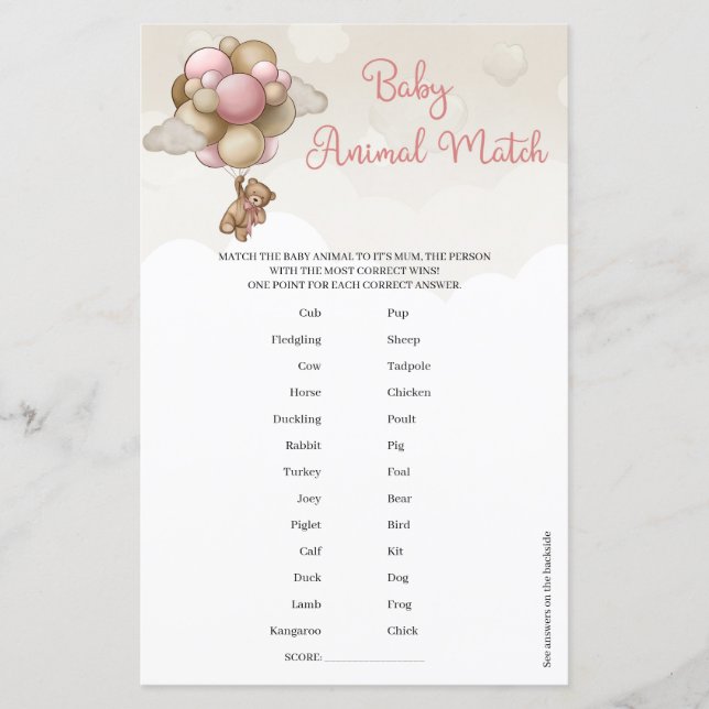 Rosa-ballonger för nalle Baby djur Match (Framsida)