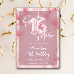Rosa Ballonger Modern Calligraphy Elegant Sweet 16 Inbjudningar