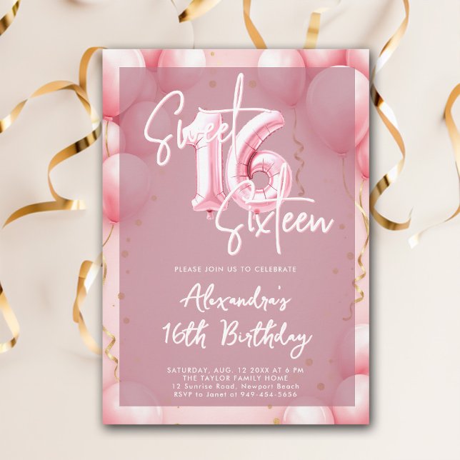 Rosa Ballonger Modern Calligraphy Elegant Sweet 16 Inbjudningar (sweet sixteen invitation birthday party pink balloons modern calligraphy milestone glam feminine)