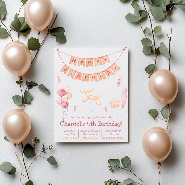 Rosa ballonger och banderoll födelsedagsfest inbjudningar (Skapare uppladdad)