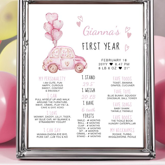 Rosa Ballonger och bil 1:a födelsedagsmilstolpen Poster (Girls First Birthday Milestone Poster - from my Car and Balloons Valentine Birthday Collection)