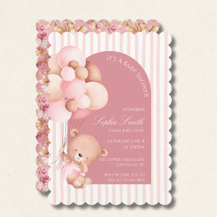 Rosa ballonger, ränder Blommar Baby Shower Scallop Inbjudningar