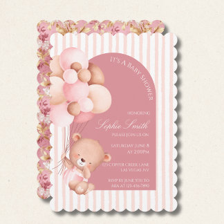 Rosa ballonger, ränder Blommar Baby Shower Scallop Inbjudningar