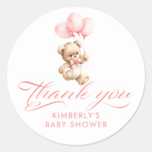 Rosa ballonger Teddybjörn Baby Shower Tack Runt Klistermärke