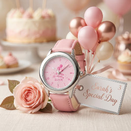 Rosa ballongfirande anpassat namn födelsedagsflick armbandsur