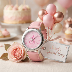 Rosa ballongfirande anpassat namn födelsedagsflick armbandsur