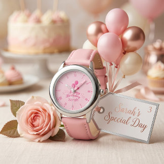 Rosa ballongfirande anpassat namn födelsedagsflick armbandsur