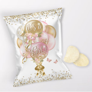 Rosa ballongflicka baby shower chipspåspaketomslag reklamblad