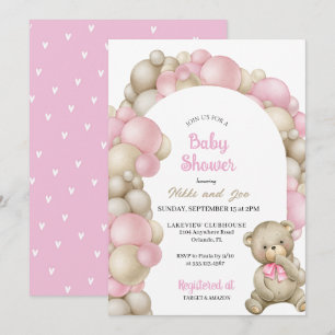 Rosa Balloon Arch Nalle Baby Shower Inbjudningar