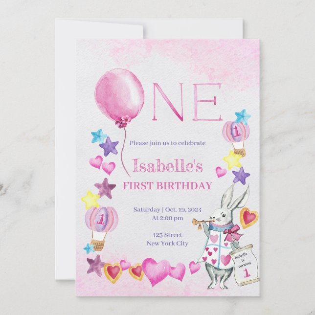 Rosa Balloon Baby Birthday Watercolor-inbjudan Inbjudningar (Framsida)