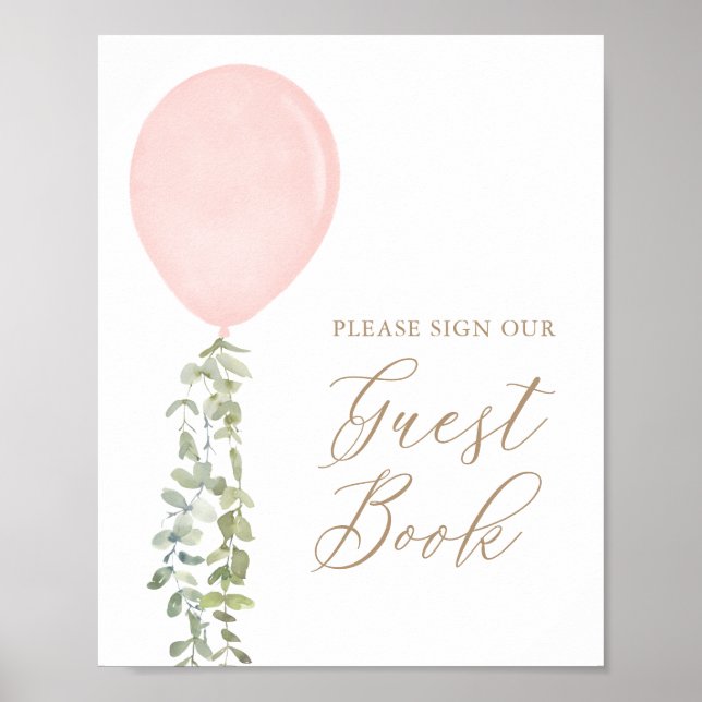 Rosa Balloon Baby Shower Guest Bok-tecken Poster (Framsidan)
