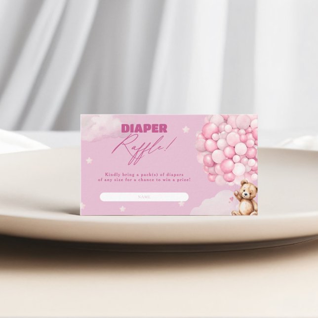 Rosa Balloon Bear Diaper Raffle Girl Baby Shower Tilläggskort (Skapare uppladdad)