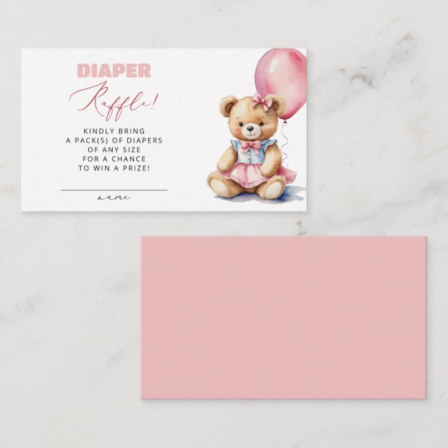 Rosa Balloon Bear Diaper Raffle Girl Baby Shower Tilläggskort (Fram/baksida)