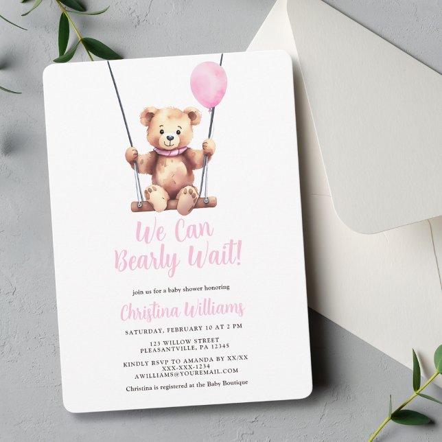 Rosa Balloon Bear Girl Baby Shower Inbjudningar (Skapare uppladdad)