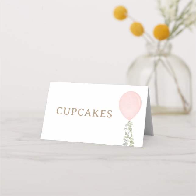 Rosa Balloon Birthday Food Labels Placeringskort (Framsida)