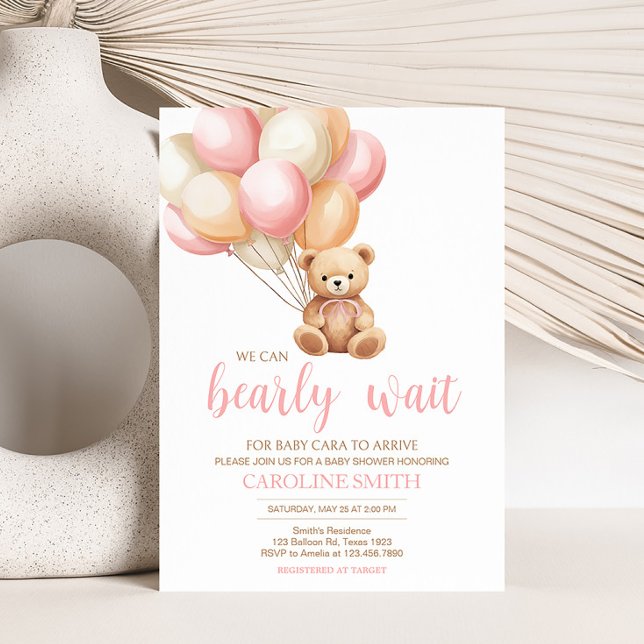 Rosa Balloon Boho Bear Baby Shower Inbjudningar (We Can Bearly Wait Girl Baby Shower Invitation)