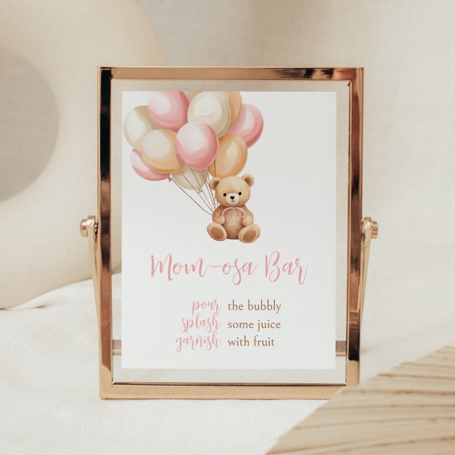 Rosa Balloon Boho Bear Baby Shower Mamma Osa Pub Poster (We Can Bearly Wait Girl Baby Shower Mom Osa Bar Sign)