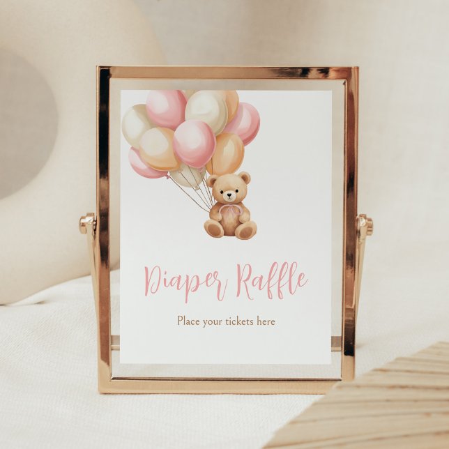 Rosa Balloon Boho Bear Baby Shower Raffle Poster (We Can Bearly Wait Girl Baby Shower Diaper Raffle Sign)