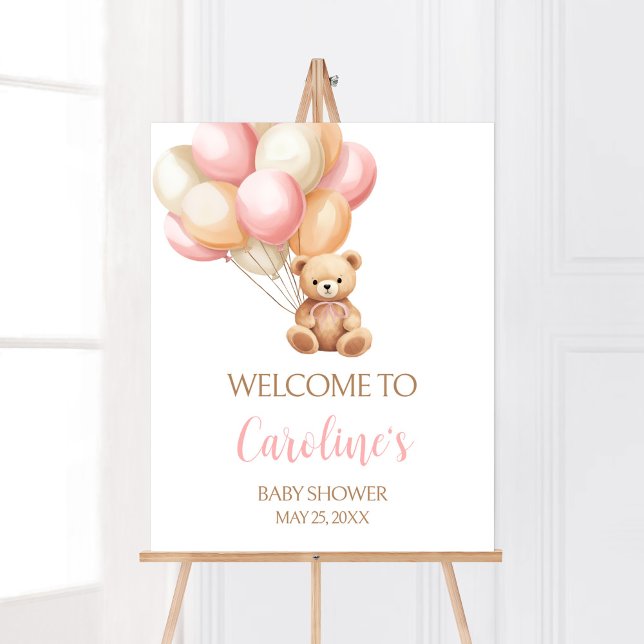 Rosa Balloon Boho Bear Baby Shower Välkommen Poster (We Can Bearly Wait Girl Baby Shower Welcome Sign)