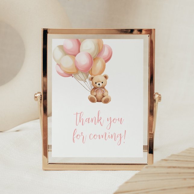 Rosa Balloon Boho Bear Tack för att du kom Poster (We Can Bearly Wait Girl Baby Shower Thank you for Coming Sign)
