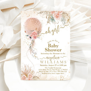 Rosa Balloon Boho Blommigt Pampas Flicka Shower Inbjudningar