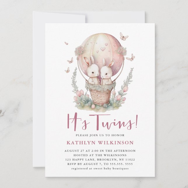 Rosa Balloon Butterfly Det är Twillingar Girl Baby Inbjudningar (Framsida)