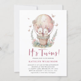 Rosa Balloon Butterfly Det är Twillingar Girl Baby Inbjudningar