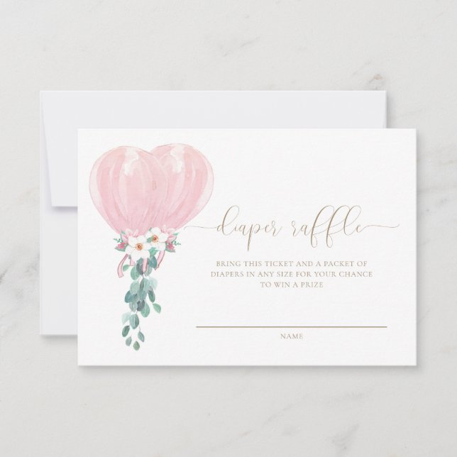 Rosa Balloon Diaper Raffle Biljett Card Inbjudningar (Framsida)