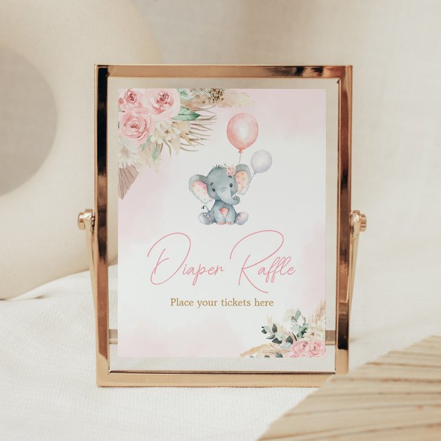 Rosa Balloon Elephant Baby Shower Diaper Raffle Poster (Pink Floral Pampas Grass Elephant Baby Shower Diaper Raffle Sign)